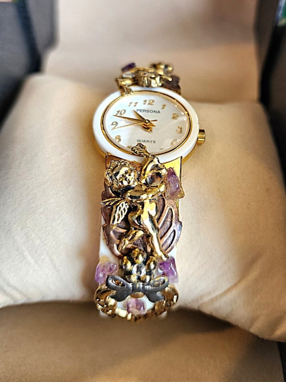 Vintage Persona Women's Cuff Watch featuring Cherubs & Hearts w/ Amethyst Chips